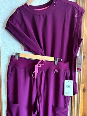 Med Couture Women's Scrub Set in Plum with Pink Drawstring